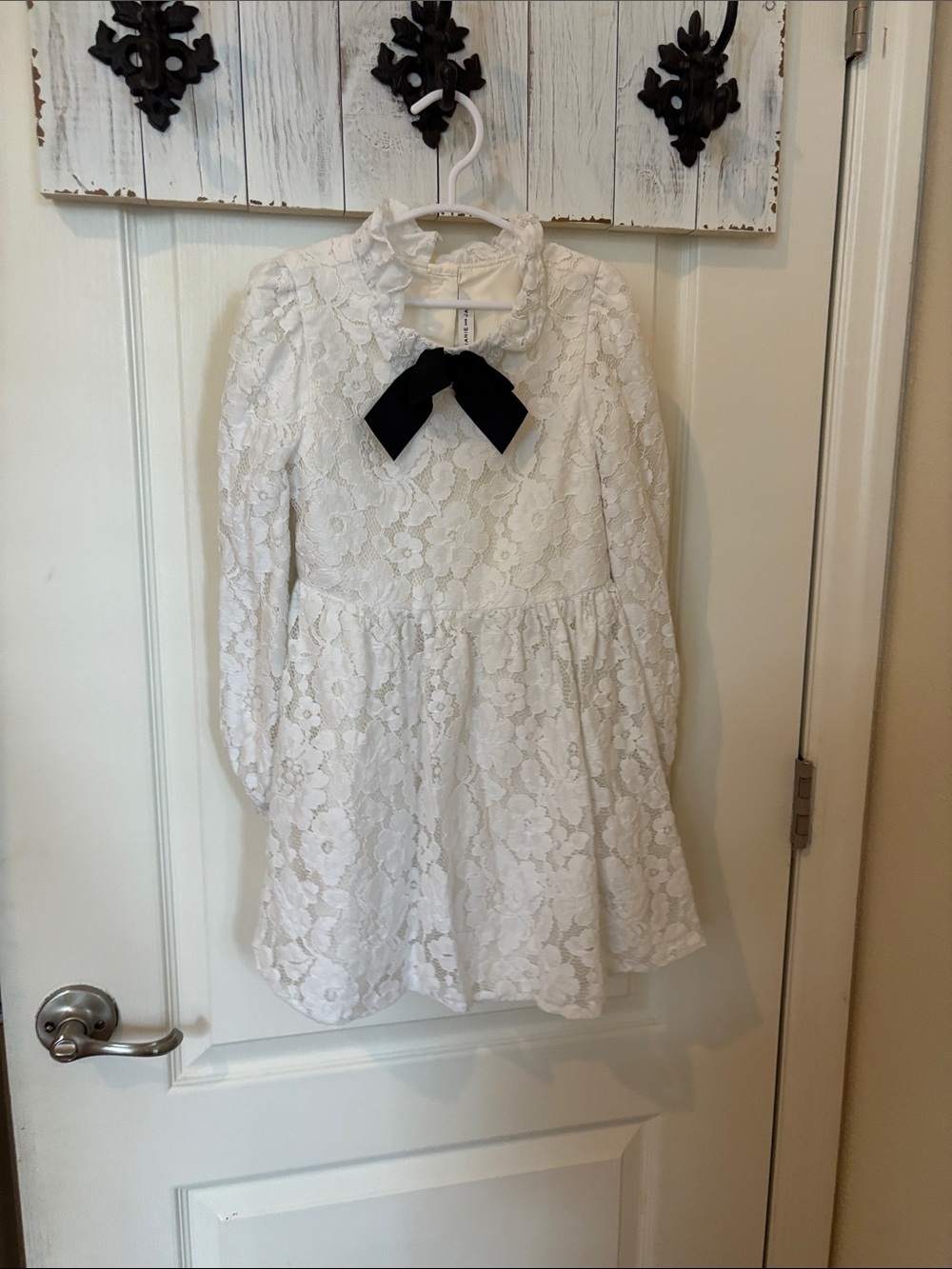 Janie and Jack White Lace Long-Sleeve Dress with Black Bow